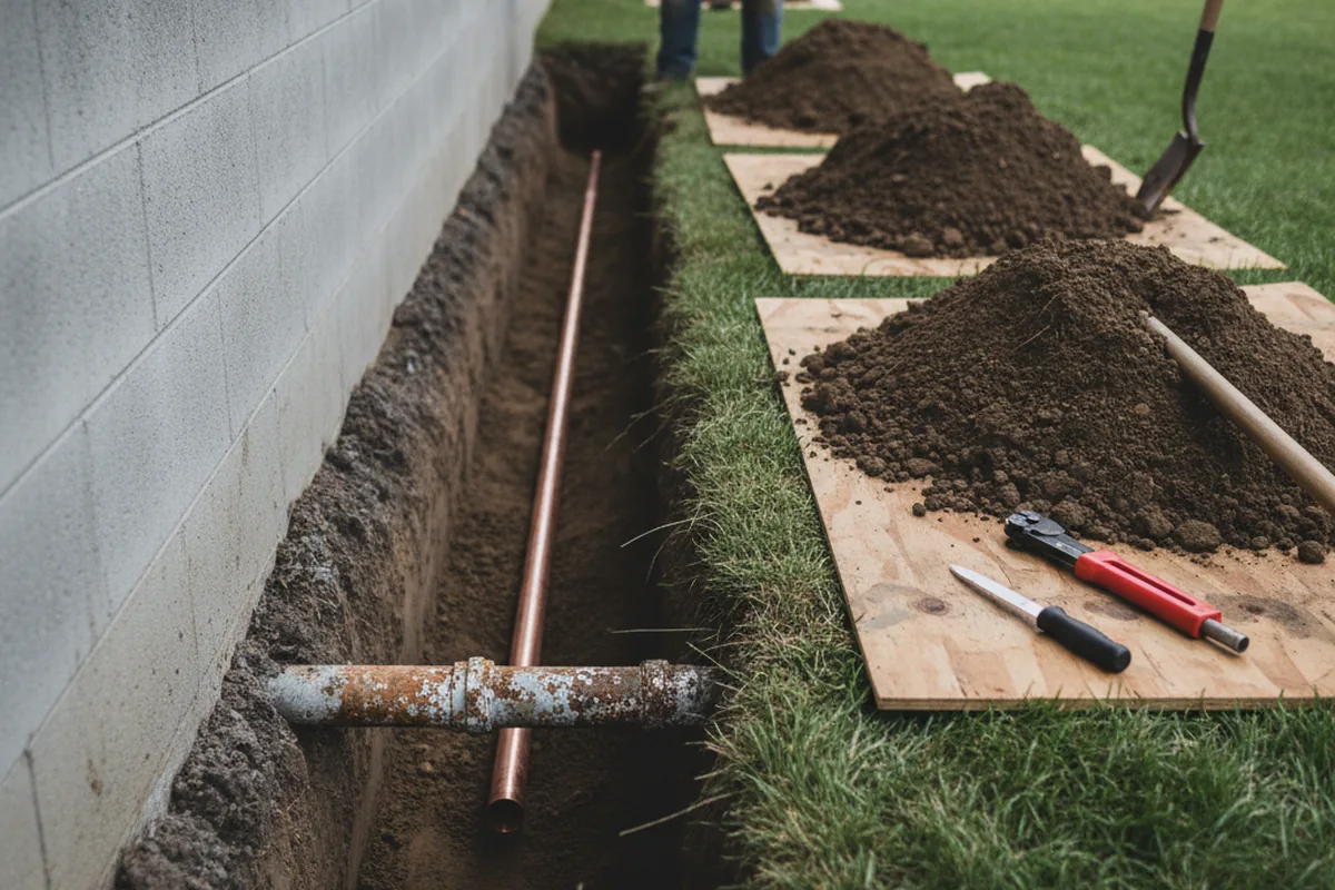 Excavated water line trench during Water Softener Installation in Rosemead